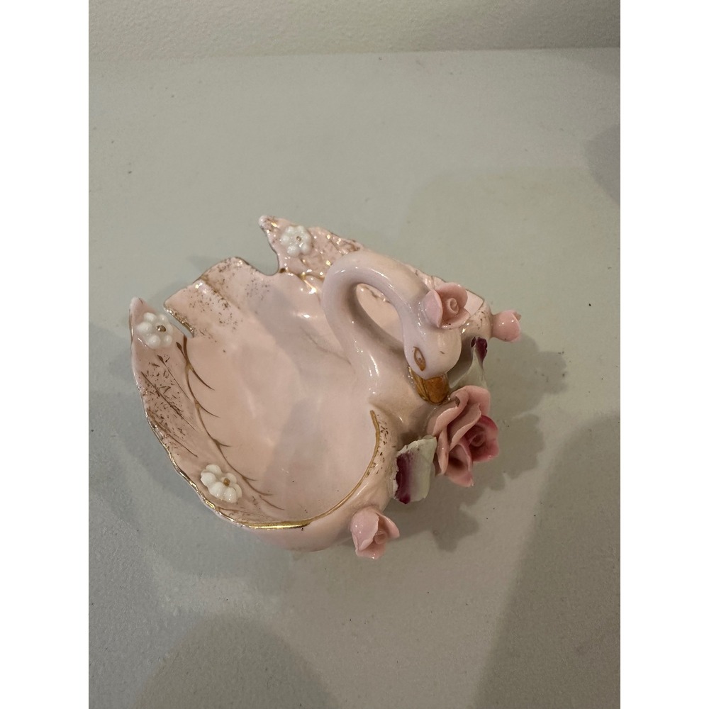 Vintage Lefton China Pink Swan Trinket Dish Hand Painted Porcelain Gold Trim 130